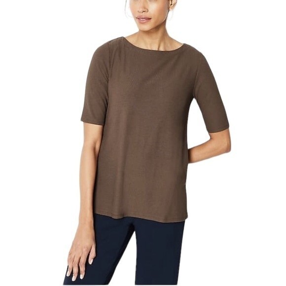 J Jill Wearever Ribbed Boat-Neck Brown Top Jersey Knit Tee Short Sleeve Normcore - Picture 1 of 14